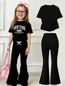 Tween Girls' Letter Graphic Print Short Sleeve T-Shirt And Flare Pants Casual Outfit - Black - View 2