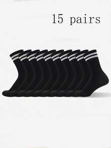 6双/15双/20双装条纹中筒袜，黑白双条纹纯色运动休闲舒适透气，男女通用长袜，白色/黑色/灰色可选，适合日常穿着、运动，四季皆宜。 - 彩色 - 查看 19