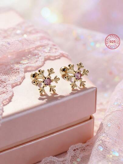 Artepollo 1对925纯银防过敏雪花耳钉，镶嵌粉色锆石，梦幻甜美，礼盒包装，适合日常或节日佩戴，是送给女孩、朋友、生日、圣诞节、新年礼物的理想之选。