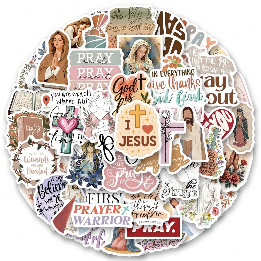 60张祈祷板乙烯基贴纸，美观实用，适用于剪贴簿、日记本、保险杠、滑板、水瓶、头盔、水杯、汽车贴纸等。 - 彩色 - 查看 1