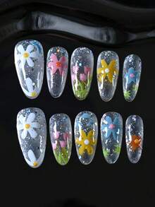 CrystalHola Valentine's Day & New Year's Edition 10-Piece, 100% Handmade Press-On Nails,French Tip Nails, Y2K Style, Pink Ballet, Green Oil Painting Style, Blue Ocean Style, Hand-Painted Flowers, Dopamine Color Scheme, Full Coverage Design, Removable And Reusable, Long-Lasting , Unique Summer Nail Art, A Must-Have Fashion Accessory For Parties And Weddings. Nail Supplies - Multicolor - View 15