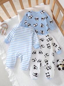 Bộ 3 món áo liền quần dài tay in hình gấu trúc hoạt hình dễ thương và sọc kẻ dành cho bé trai. - Màu xanh lam - Xem 2