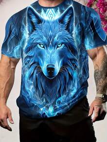 Men's Blue Flame Wolf King Print Full Body Pattern T-Shirt - Short Sleeve Fiber Casual Sportswear, Machine Washable, Suitable For Outdoor Leisure And Sports, Wolf Pattern T-Shirt, Active Lifestyle, Eye-Catching Design, Durable Fabric, Personalized Top, Plus Size - màu xanh da trời - Xem 3