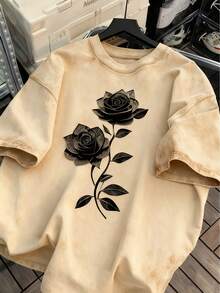 Camiseta de Hombre de 230g de Peso Pesado Lavada y Desgastada 100% Algodón - Estilo Vintage Americano Retro de Ajuste Suelto, Camiseta de Manga Corta con Cuello Redondo, Adecuada para Campus, Hip-Hop, Ropa Casual - Lavable a Máquina para Todas las Estaciones - Negro - Ver 8