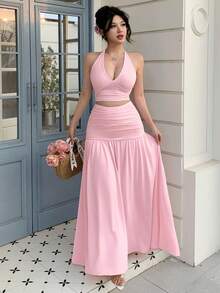 abyoxi Women's Light Pink Backless Tie-Up Cropped Top Paired With Ruffle Waist Maxi Skirt 2-Piece Set, Elegant Sexy Charming, Suitable For Romantic Dates, Parties, Formal Dinners, New Year, Valentine's Day, Spring/Summer Occasions - Baby Pink - View 7