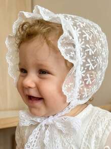 1顶复古蕾丝婴儿帽，可作传家宝洗礼帽和摄影帽，饰有精致刺绣花卉图案，超柔软棉质波西米亚风摄影道具，适合新生女婴，6-24个月（米色/白色） - 1PC - 查看 8