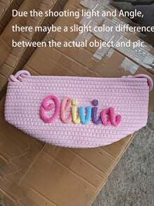 个性化手工编织篮，绳编篮，可作为婴儿洗礼礼物、娃娃篮、宝宝名字字母组合礼物、儿童玩具、书籍、毛绒玩具收纳篮，多功能、轻便、大容量、可爱、简约、纯色、可定制，是送给孩子、朋友、家人的理想礼物，粉色，圣诞节礼物用品，旅行收纳篮 - 粉色 - 查看 7