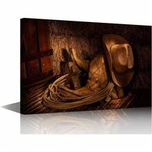 Lienzo nativo americano para pared, sombrero de vaquero, botas de pinturas, impresiones en lienzo, ilustraciones rústicas modernas, para sala de estar, dormitorio, decoración de pared - transparente - Ver 1