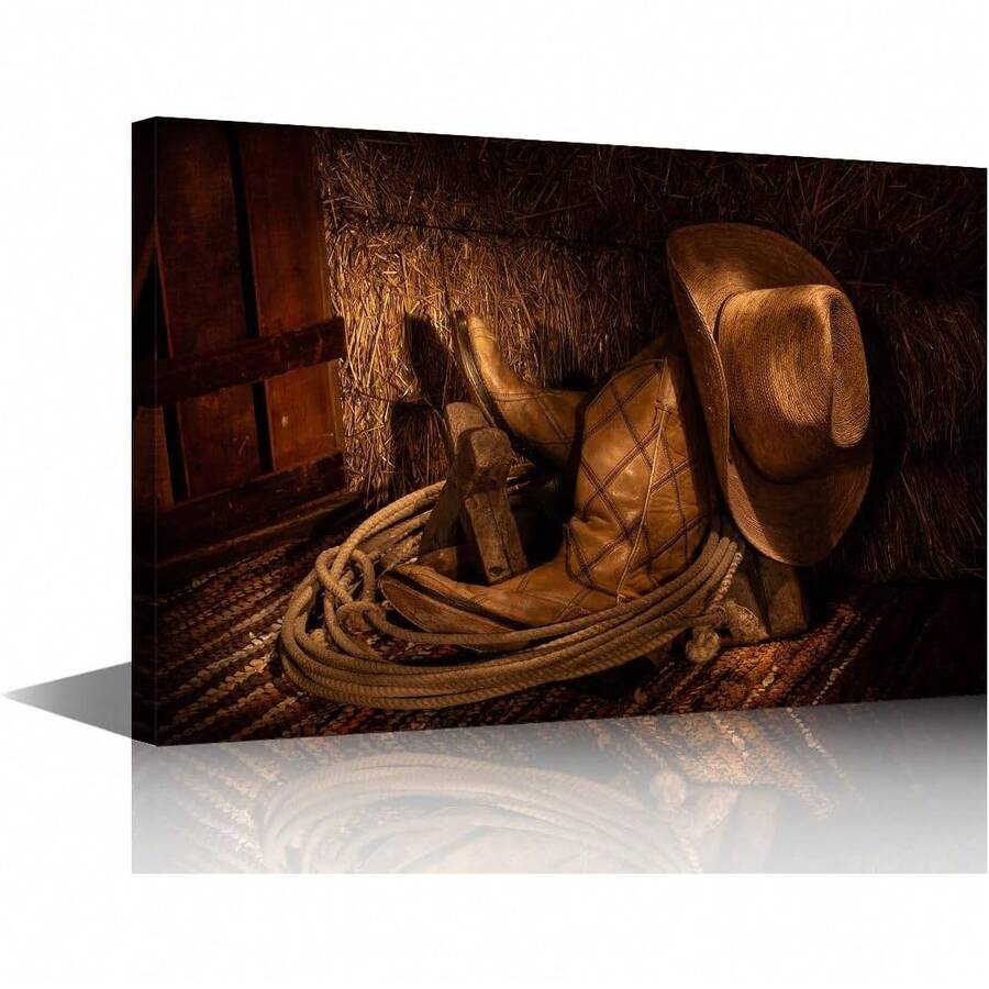 Lienzo nativo americano para pared, sombrero de vaquero, botas de pinturas, impresiones en lienzo, ilustraciones rústicas modernas, para sala de estar, dormitorio, decoración de pared - transparente - Ver 1