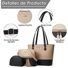 Bolsos de Mujer, Bolso de Mano de PU Cuero, Bolsa de Hombro Elegante, Bolso Grande para Portatil, Bolsa de Hombro Moda, Bolso Tote para Trabajo, Viaje, Fiesta, 3 Piezas Set - Dorado y Negro - Ver 3