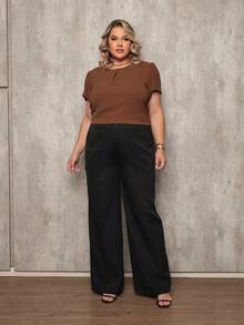 ONLYONE - PLUS SIZE WOMEN'S BLOUSE, SHORT SLEEVE, PRINCESS, PLEATED NECKLINE, LIGHT DUNES - ELEGANT WOMEN'S BLOUSES, LARGE - 鏽棕色 - 查看 3