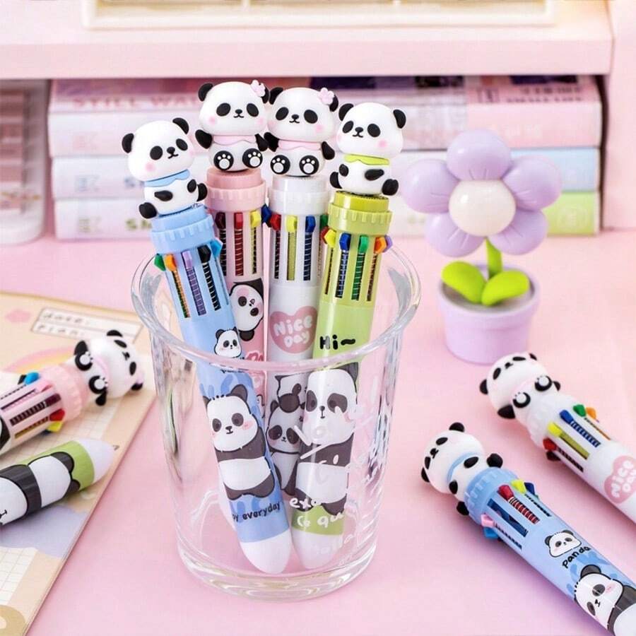 Kawaii Multicolor Ballpoint Pen, 10 Colors, Cute Panda Bear Sitting Design - 綠色 - 查看 1