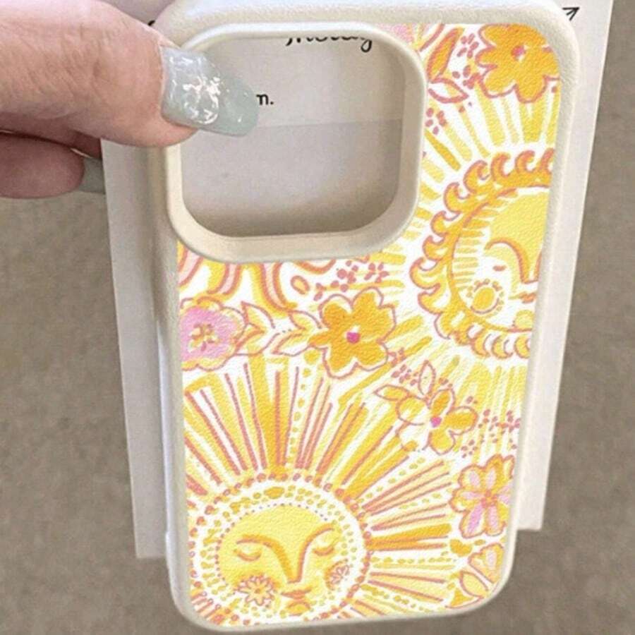 Painted Graffiti 1pc Sunflower Illustration Lychee Texture Anti-Fall Anti-Slip Soft Phone Case, Suitable For IPhone 17 Pro Max/16 Pro Max/15/14/13/12, Personalized Niche Design - Multicolor - View 1