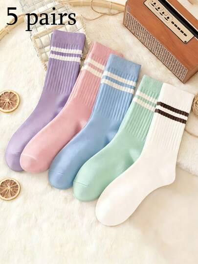 1/5 Pairs Women's Brown Double Stripe Mid-Calf Socks, Comfortable Casual Fashion Versatile Socks For All Seasons