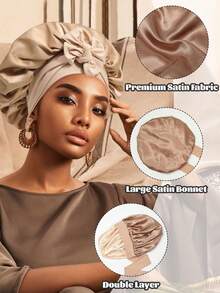 1pc Women's Reversible Satin Sleep Cap, Dual-Layer Elastic Drawstring Hair Bonnet, Wide Brim High Elasticity Hair Care Cap, Bow Ribbon Hair Band Cap, Suitable For Curly Hair, Daily Essential, Valentine's Day Gift - Multicolor - View 5