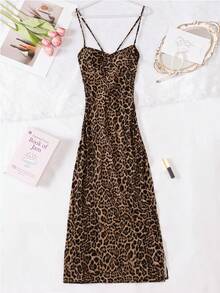 Women's Soft Leopard Print Backless Sexy Lingerie Nightgown - Maroon - View 12