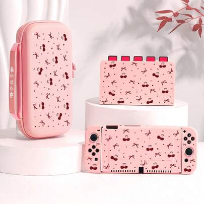 1个粉色爱心樱桃图案保护壳/保护套，兼容Switch 2 (2025)、Switch NS、Switch OLED、Switch Lite，Switch 2/Switch配件，全套包含收纳袋，Switch玩家的最佳礼物