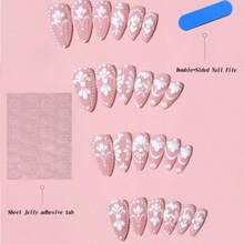 A Box Of 24 Pieces Of Medium And Long Pointed Nail White Three-Dimensional Relief Flower Wearing Nail Removable Nail Patch Nail Art Piece - Pink - View 3