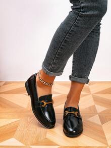 Women's Loafers, Round Toe Metal Buckle Flat Loafers, Outdoor Retro Slip-On Shoes, Black, Casual Shoes - Black - View 5