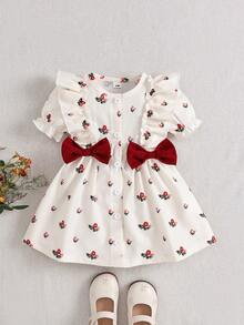 Vestido casual y lindo con volantes y estampado de cerezas con decoración de moño para bebé niña, cómodo para el verano - Multicolor - Ver 4