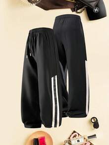 Calças casuais de exterior para homem, perna reta, para todas as estações, com design estampado, cintura com cordão e bolsos laterais duplos, para uso diário, escritório, campismo e festas - Preto - Ver 1