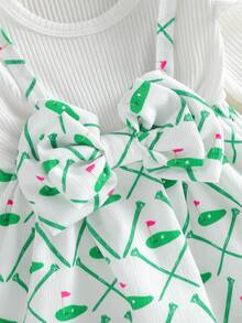 Conjunto de otoño para niña, mono de patchwork con estampado de carrito de golf de manga larga y diadema, ropa para bebé - Verde - Ver 4