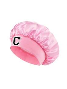 1pc Personalized 26 Alphabet Print Satin Wide Brim Elastic Sleep Cap, Suitable For Curly And Straight Hair Sleep Bonnet - Pink - View 6