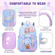 Cute Capybara Soft Nylon Backpack - Lightweight, Large Capacity, Plush Ball Decor, Suitable For School And Commute, Available In Blue/Rose Red/Pink/Purple, Travel Backpack, Back To School Gift, School Supplies, Essentials, Sprayground Backpack, Office Supplies, Valentine's Day Gift - Multicolor - View 5