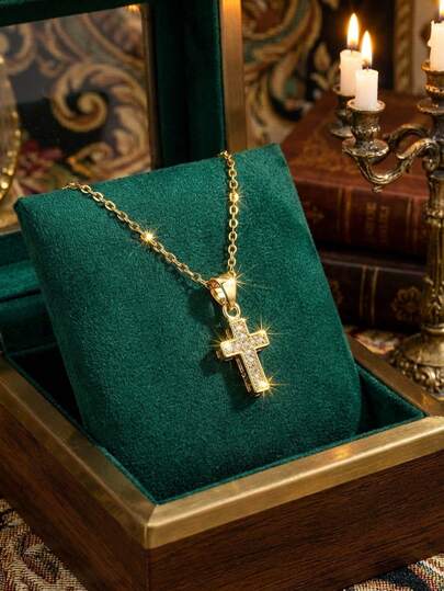 1pc Elegant Sparkling Zirconia Encrusted Cross Pendant Stainless Steel Necklace, Suitable For Girls, Fashion Versatile, Ideal For Street, Party, Holiday, Christmas, Ascension Day, And Daily Wear As A Gift