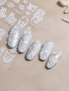 优雅蕾丝美甲贴纸套装 - 包括黑色3D立体、黑白箔片和白色镂空巴洛克设计，超薄纹理贴纸，适用于新娘、节日和DIY美甲，1/2片装。 - 彩色 - 查看 9