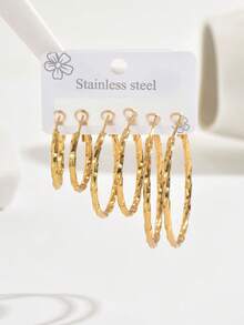 6pcs/Set Women's Stainless Steel Geometric Design Hoop Earrings Set, Suitable For Daily Wear - Multicolor - View 1