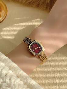 1 件女士椭圆形银黑色表盘金色石英休闲手表，适合日常佩戴 - 酒紅色 - 查看 4
