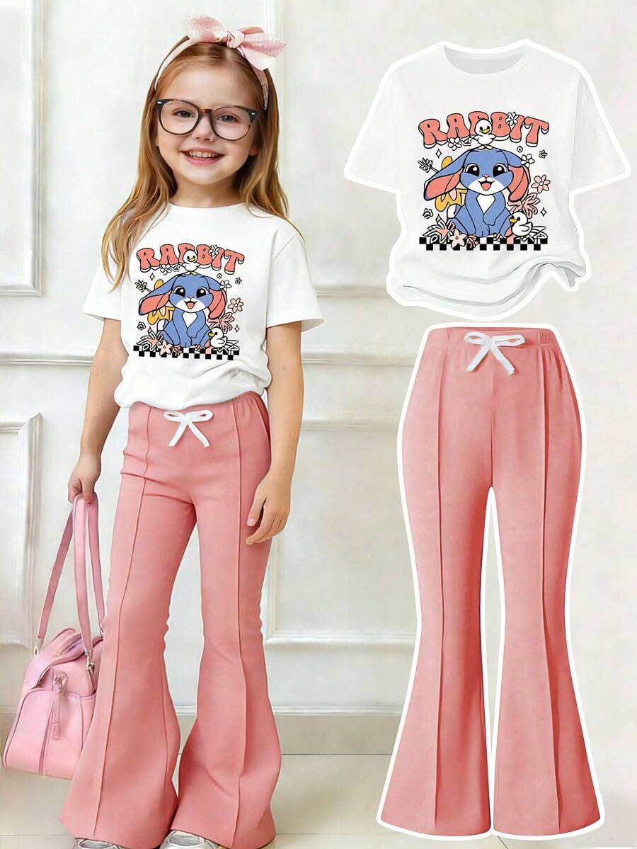 Bộ trang phục thường ngày cho bé gái tuổi teen: áo thun ngắn tay in hình hoạt hình và quần ống loe. - trắng - Xem 1
