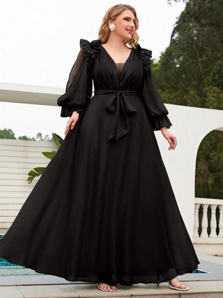 V领灯笼袖褶裥胸前系带腰身轻盈雪纺飘逸优雅连衣裙 - 黑色 - 查看 1