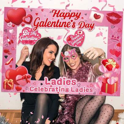 Galentine's Day Photo Booth Props, Pink Heart Lips Crown Selfie Frame, Ladies Night Out Party Decorations, Bestie Celebration Handheld Photo Accessories, Fun Party Supplies For Women Dinner Party And Social Media Selfies