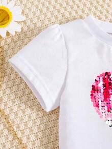 Tween Girl Cartoon Heart Print Short Sleeve Top And Frill Trim Skirt 2 Pieces Set - White - View 4