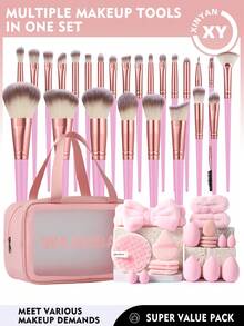 46PCS Makeup Tools Set Including:25PCS Makeup Brush Set+1pc Multi-Functional Zipper Toiletry And Cosmetic Bag Waterproof+4PCS Makeup Sponges+4PCS Mini Makeup Sponges+4PCS Triangle Powder Puffs+4PCS Mini Air Cushion Powder Puffs+1pc Hairband+2PCS Hand Bowl Strap+1pc Facial Cleansing Sponges - Pink - View 1