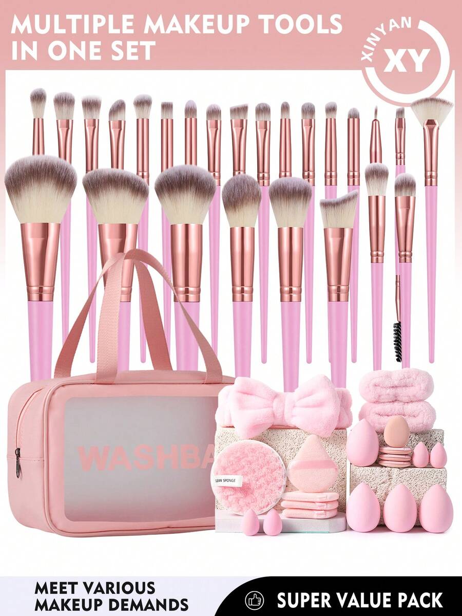 46PCS Makeup Tools Set Including:25PCS Makeup Brush Set+1pc Multi-Functional Zipper Toiletry And Cosmetic Bag Waterproof+4PCS Makeup Sponges+4PCS Mini Makeup Sponges+4PCS Triangle Powder Puffs+4PCS Mini Air Cushion Powder Puffs+1pc Hairband+2PCS Hand Bowl Strap+1pc Facial Cleansing Sponges - Pink - View 1