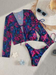 Bộ bikini 3 món dành cho nữ - Áo bikini tam giác in họa tiết có đệm, quần bikini buộc dây bên hông, áo khoác ngoài bằng vải chiffon mỏng tay dài | Phong cách nghỉ dưỡng tươi mới, đồ bơi hai dây mùa hè đi biển - Nhiều màu - Xem 5