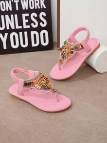 A Pair Of Fashionable Children's Bright Diamond Sandals, Children's Beach Sandals, Bohemian Style, Sandals, Hand-Stitched Diamond Sandals - Pink - View 3