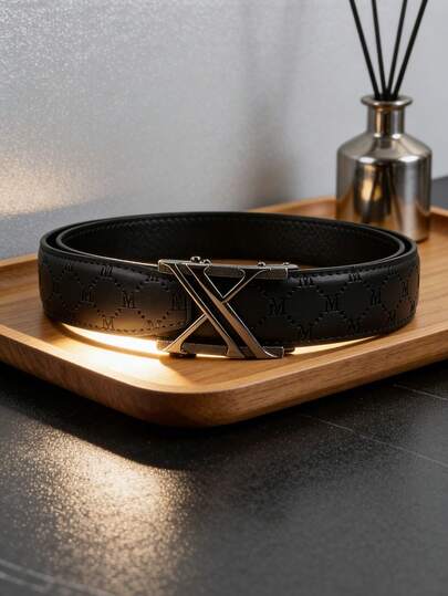 1pc Men's Casual Business Belt, Letter Alloy Automatic Buckle Leather Belt, Embossed M Design, High Quality PU Material, 120cm Adjustable Length, Suitable For Pants And Shorts, Great Gift Choice