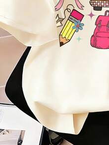 Tween Girl Bow & Book Print Round Neck Short Sleeve Casual Versatile T-Shirt - Apricot - View 7