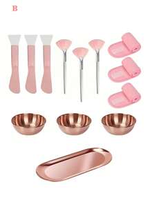 4-24件套美容面膜工具套装，包含不锈钢搅拌碗、托盘、玫瑰金分隔托盘，以及面膜混合和涂抹工具。套装包含3个玫瑰金搅拌碗、1个玫瑰金小托盘、1个分隔托盘、3个硅胶双头搅拌铲、3个扇形面膜刷、9个压缩洁面海绵和3个可调节发圈。适合派对、睡衣派对、SPA、送礼等场合。 - 彩色 - 查看 11
