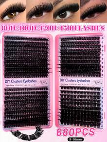 680pcs D-Curl Fluffy False Eyelashes Set, Includes Beginner-Friendly Eyelash Tutorial, Thick & Full DIY Segmented False Lashes, Comes With Glue, Setting Liquid, Tweezers, Lash Brush, Enlarges Eyes, Reusable, High-Volume Individual Lashes, Soft & Natural Mixed Lashes, Creates 3D Volumized Eye Makeup, Suitable For DIY At Home, Travel, Daily Commute, Parties, Weddings, Bridal Makeup And More - 黑色 - 查看 5