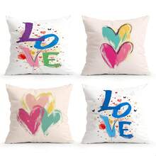 4 fundas de almohada con tema de graffiti en forma de corazón, estampadas por un solo lado, adecuadas para la decoración del hogar en sala de estar y dormitorio, para todo el año - No incluye relleno de almohada - Multicolor - Ver 14