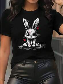 Gothic Rabbit Print Women'S T-Shirt-Vintage Casual Round Neck, Short Sleeves, Casual Fashion Short Sleeves, 100%, Machine Washable, Casual Wear  Casual Style - Black - View 1
