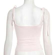 Cute Crop Pink Knitted Square Neck Cami For Women With Lace Up Straps Medium Stretch Summer Style - Pink - View 8