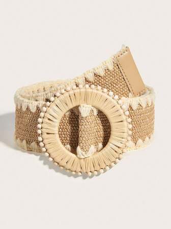 1pc Bohemian Style Woven Women's Belt, Casual Floral Lace And Beaded Buckle Decor PP Grass Waist Belt, Suitable For Dresses, Pants, Casual Wear, Beach Accessories, Suitable For Parties, Vacations, Beaches, Outings, Casual Trips, Summer