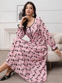 Solessence Butterfly Print Color Block Button Front Dress, Suitable For Home, Wedding, Formal Occasions, And Daily Wear - Pink - View 2