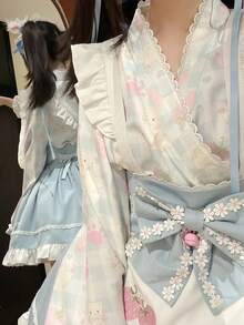 1pc Cute Fresh Strawberry Cat Print Lolita Maid Dress Cosplay Costume Set (No Headpiece), Light Blue, Suitable For Anime Convention, Music Festival, Autumn - Multicolor - View 10